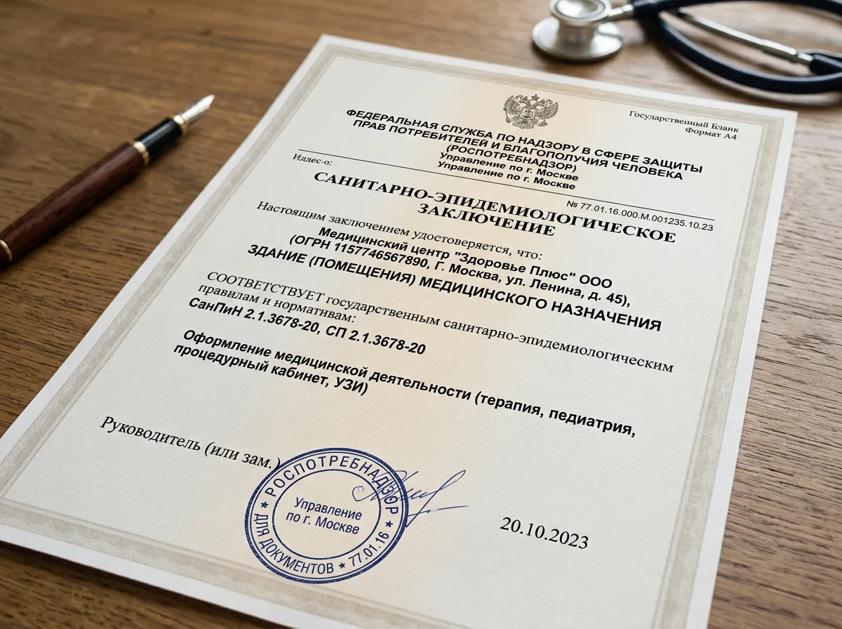 Санитарно-эпидемиологическое заключение Роспотребнадзора для медицинского учреждения, официальный бланк с синей печатью